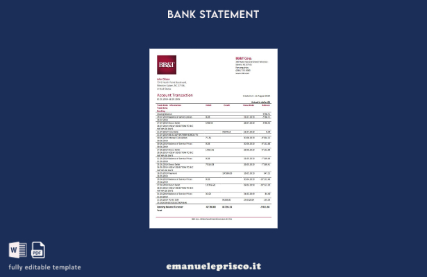 modello word di estratto conto bancario stile verificato USA North Carolina BB&T